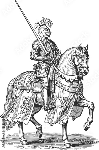 Medieval knight in full armor mounted on horse with lance and heraldic caparison