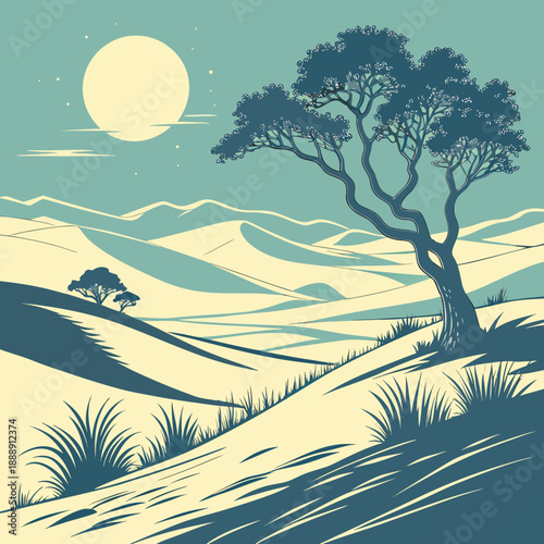 Serene desert valley at golden hour, clean vector landscape art with glowing light and atmospheric haze.