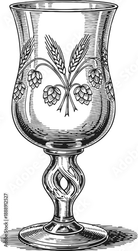 Intricate vintage beer glass with barley and hop floral design engraving