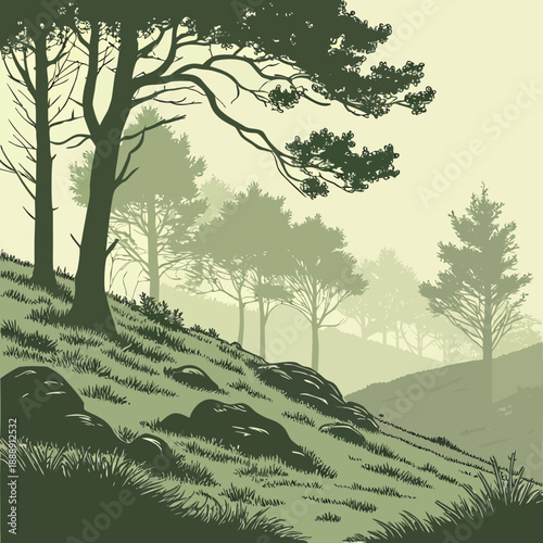 Flat vector design of a serene forest hill landscape shrouded in fog, creating a tranquil mood.