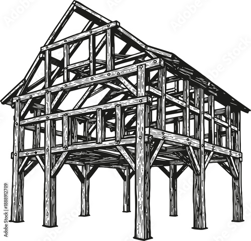 Timber frame house structure wooden beams construction, architectural skeleton, traditional building framework