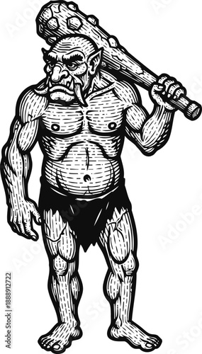 Barbarian warrior holding large spiked club ready for battle, muscular fantasy creature illustration