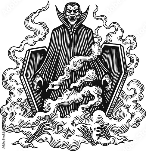 Vampire vampire rising from coffin with fog and skeletal hands gothic horror dark monster vampire character