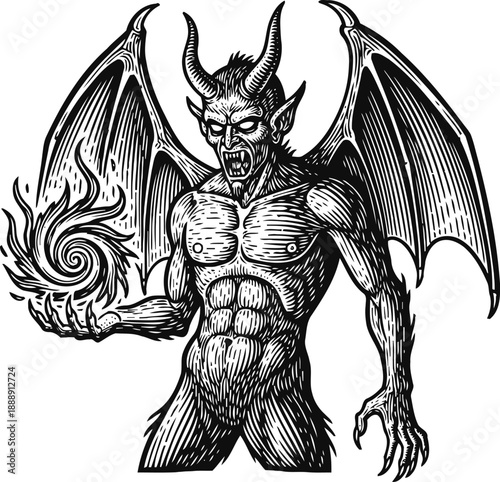 demonic creature with horns and wings casting fireball magic mythical monster with muscular body and fierce expression
