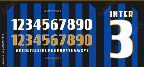 Blue Black Jersey with A bold athletic jersey display font with strong clean numbers, designed for football kits, striped jerseys, and sports branding.