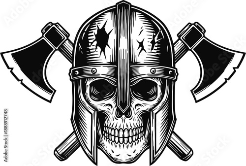 Viking skull wearing a battle worn helmet with crossed axes behind in black and white illustration