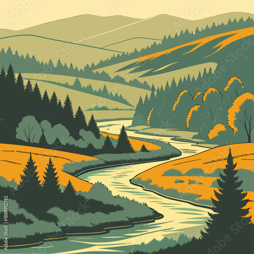 Abstract flat vector art of a highland river basin landscape, presenting the natural terrain and water flow in a modern style.