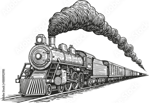 Vintage steam locomotive pulling passenger train with smoke plume black and white engraving