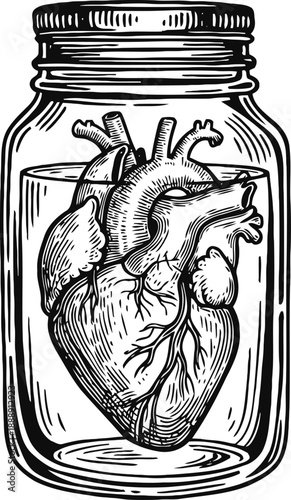anatomical human heart preserved inside a glass jar with detailed veins and arteries