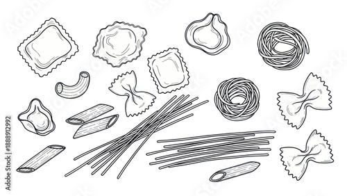 Collection of Hand Drawn Italian Pasta Shapes Variety.