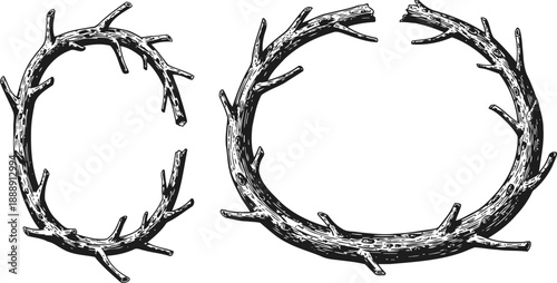 Rustic hand drawn wreath and frame made of intertwined branches with texture details