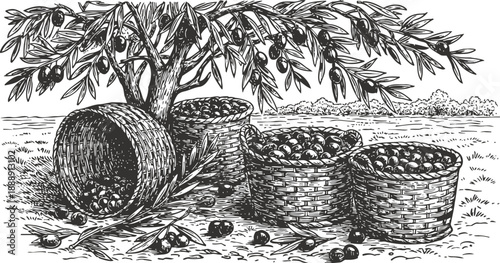 olive tree with harvested olives in woven baskets on the ground rustic nature and agriculture concept with detailed engraving