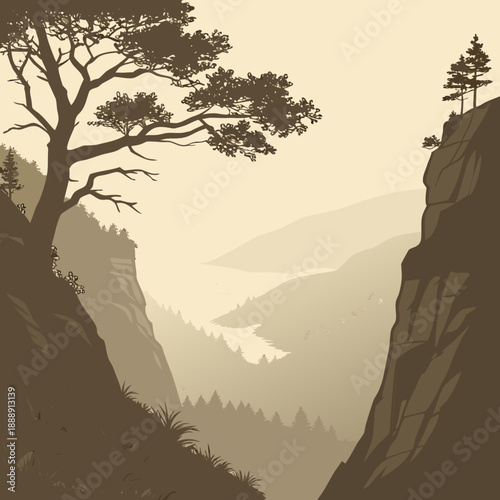 Modern flat vector illustration of a misty canyon landscape, evoking an atmospheric and grand scene.