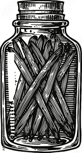 Vintage glass jar filled with stick incense in detailed black and white engraving