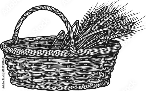 woven basket filled with wheat stalks hand drawn rustic container with grain harvest