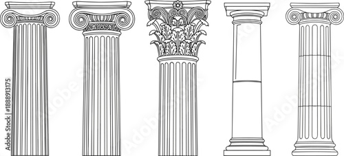 Ancient Greek and Roman Column Set: Flat Vector Illustrations of Doric, Ionic, and Corinthian Pillars