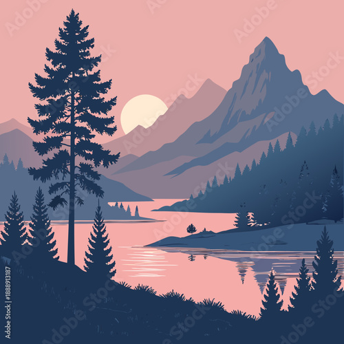 Flat vector illustration of a mountain lake at dawn, a peaceful landscape with soft morning light.