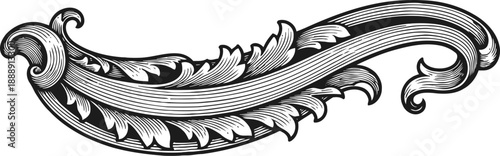 Ornate vintage swirl decorative design element with leaves and curves in black and white engraving