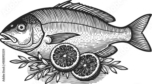 Hand drawn fish illustration with lemon slices and herbs vintage seafood design for menu and packaging