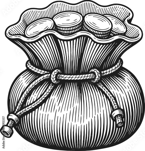 Money bag with coins inside vintage black and white illustration of tied pouch filled with currency coins