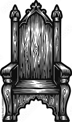 vintage wooden throne chair with ornate gothic design and carved details