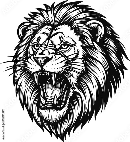 Roaring lion head with detailed mane and fierce expression, wild animal concept