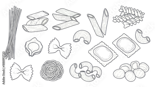 Collection of Various Italian Pasta Shapes Hand Drawn Sketch Style.