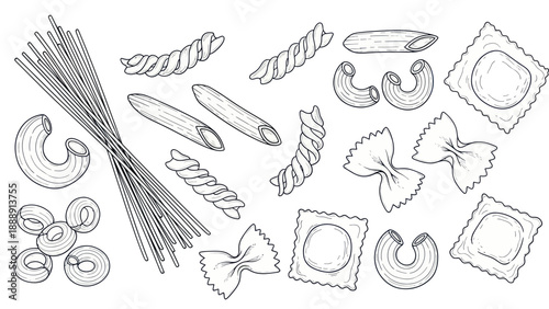 Collection of Various Italian Pasta Shapes Hand Drawn Sketch.
