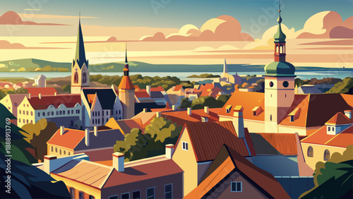 Very beautiful view from Saint Olaf’s Church tower overlooks Tallinn Old Town, Estonia, revealing church spires, medieval roofs, city walls, and Baltic horizons blending history and urban beauty.