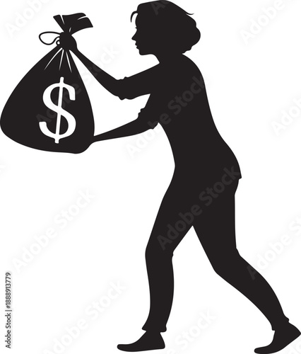 Silhouette of woman carrying large bag of money with dollar sign.