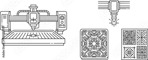 Laser Engraving Machine and CNC Router Cutting Wood Vector Illustration Set in Line Art Style