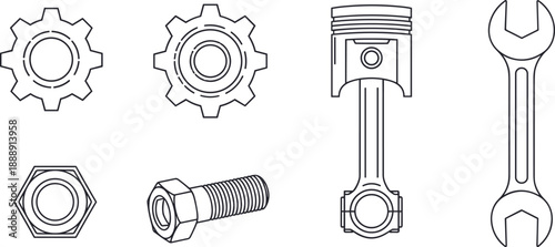 Mechanical Engineering Tools Set with Gears Piston and Wrench, Outline Vector Illustration