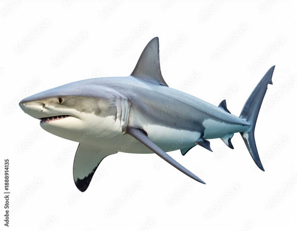 Fototapeta premium Aggressive Shark, Dangerous Sea Predator over White Background