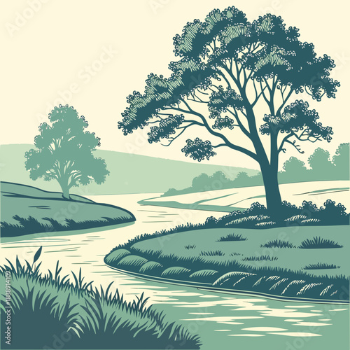 Flat vector art illustration showcasing a tranquil river next to a verdant island dotted with trees, capturing the essence of a serene landscape.