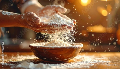 Warm golden light illuminates hands sifting fine white flour into a rustic wooden bowl creating a soft powdery cloud on a wooden table a cozy culinary scene