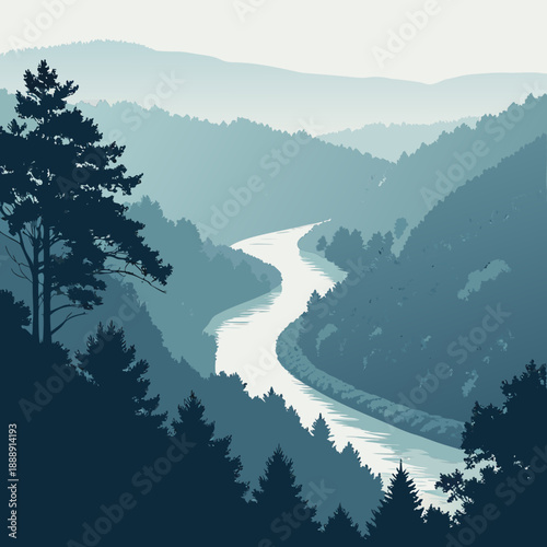 Modern vector art of a river valley shrouded in fog during a landscape sunrise, with clean lines and a contemporary feel.