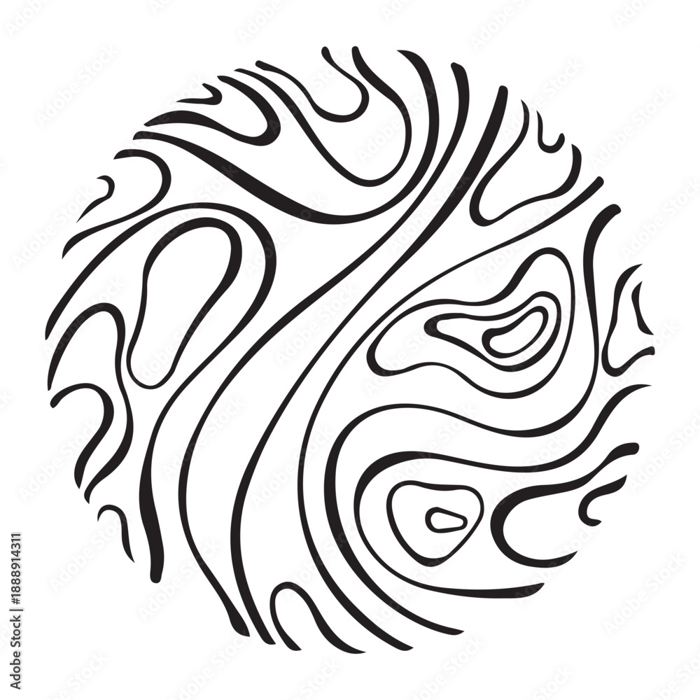 Naklejka premium Organic Abstract Pattern Circle Black Wavy Lines White Background