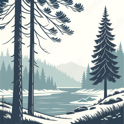 Minimalist vector art of a tranquil snow forest lake landscape, clean design evoking winter serenity and nature's beauty.