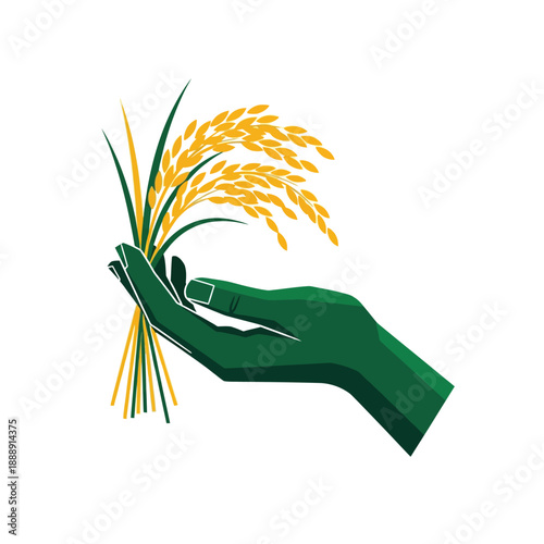 Stylized Vector Icon of a Green Hand Holding Golden Rice Paddy Stalks. Agriculture, Harvest, and Food Production Symbol Isolated on White.