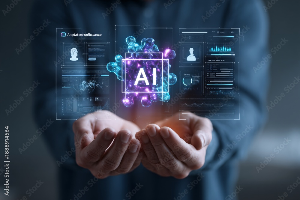 Obraz premium Businessman presenting artificial intelligence technology in hands