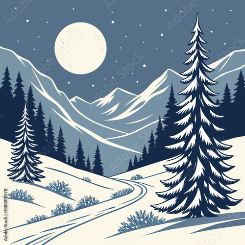 Flat vector art of a snow valley landscape under moonlight, minimalist style with clean lines and a serene, cool palette.