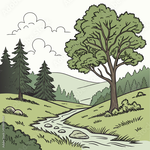 Illuminated forest clearing in a valley, modern vector landscape with soft light and natural charm.