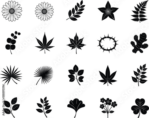 Professional vector icons of leaves flowers and botanical elements for environmental branding and organic product packaging.