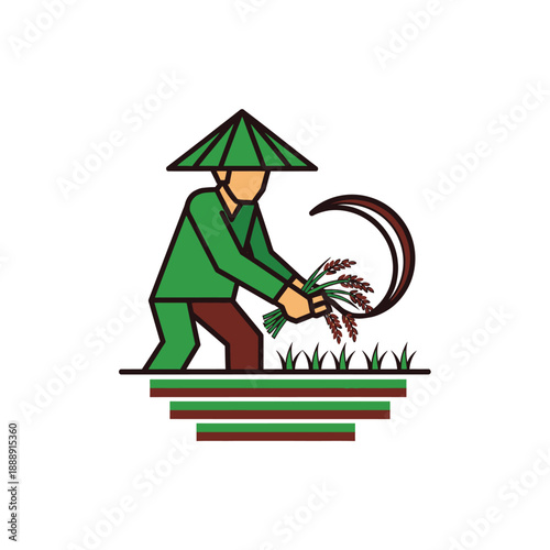 Traditional Asian Farmer Harvesting Rice with Sickle Icon. Paddy Field Laborer in Conical Hat Graphic Illustration.