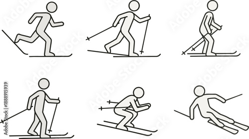 Stick figure skiing posture illustration showing six different ski techniques and movements for sports education, training, and winter activity — isolated on white.
