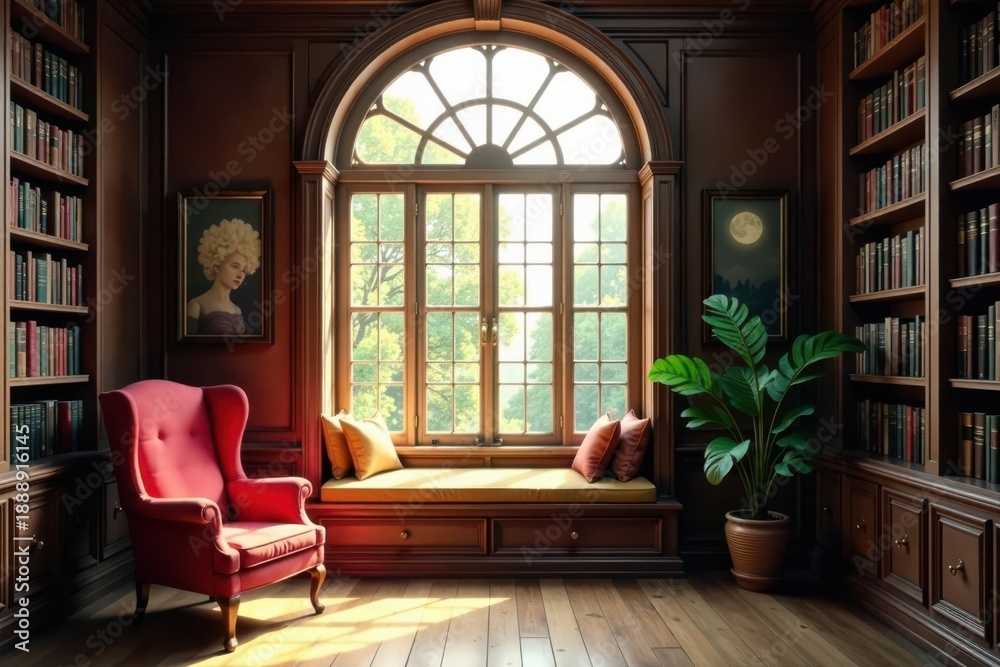 Fototapeta premium Sunlit library, elegant bookshelves, cozy window seat , living room, zoom background, sunlit room