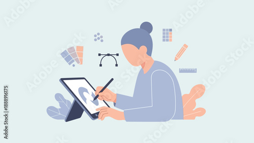 Digital artist creating artwork on a graphic tablet with design tools around.