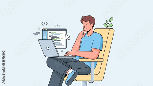 Young man programming on laptop with coding symbols around.