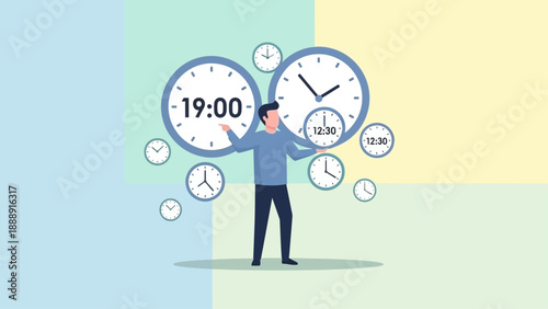 Businessman managing multiple clocks representing different time zones and work hours.