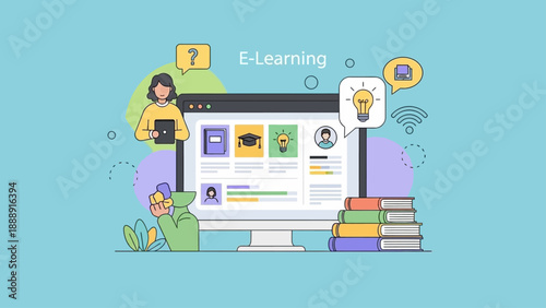 Online e-learning platform with student studying and digital education resources.